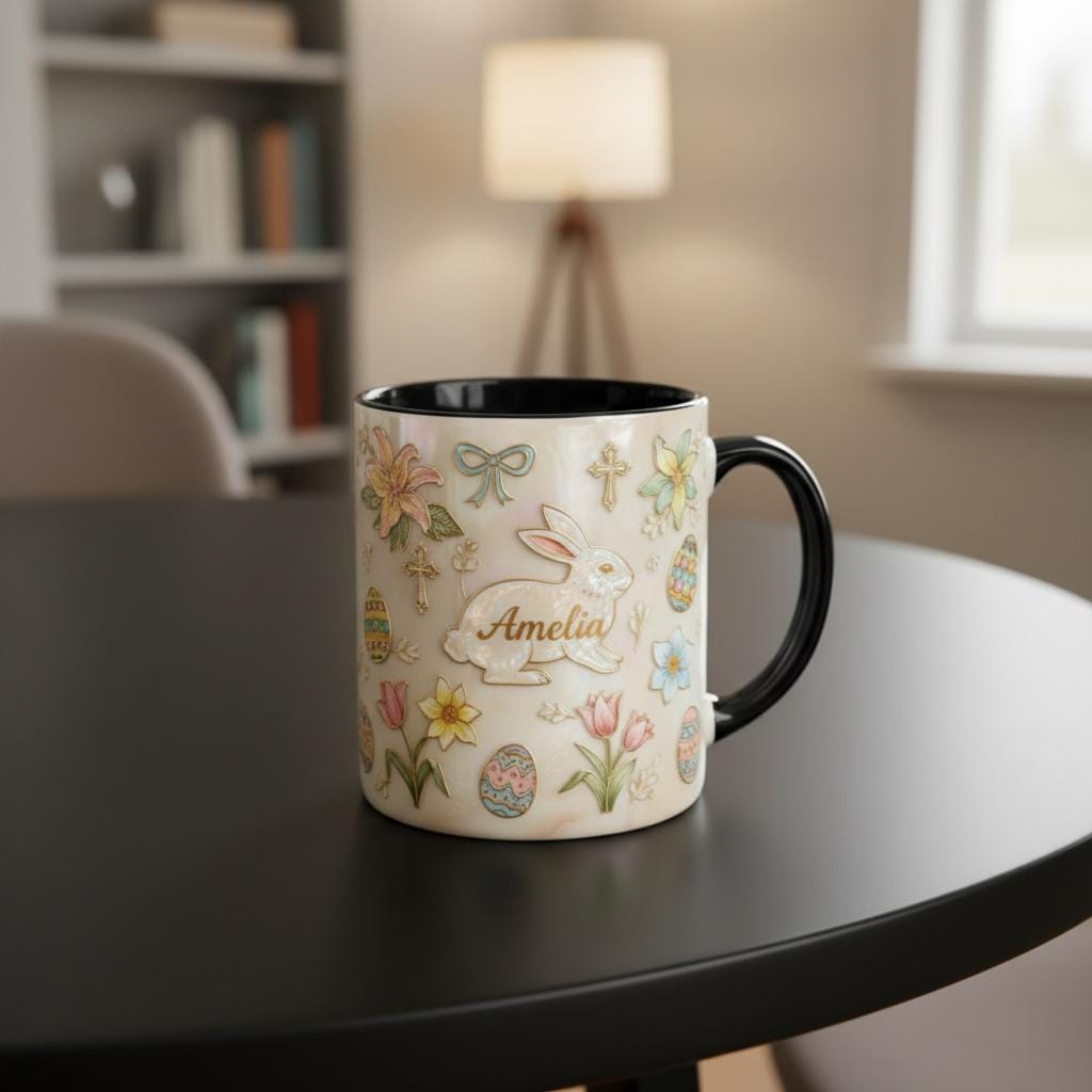 Personalized Bunny Easter Mug, Custom Name Easter Eggs Coffee Mugs, Retro Cute Rabbit Easter Day Cup - image 3