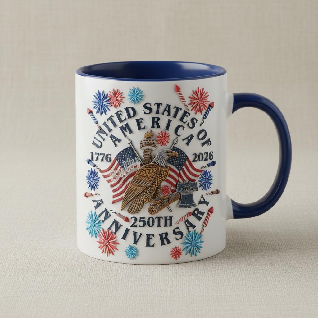 Personalized 250th America Anniversary Mug, Custom Name Independence Day Coffee Mugs, Patriotic Eagle USA Flag Cup