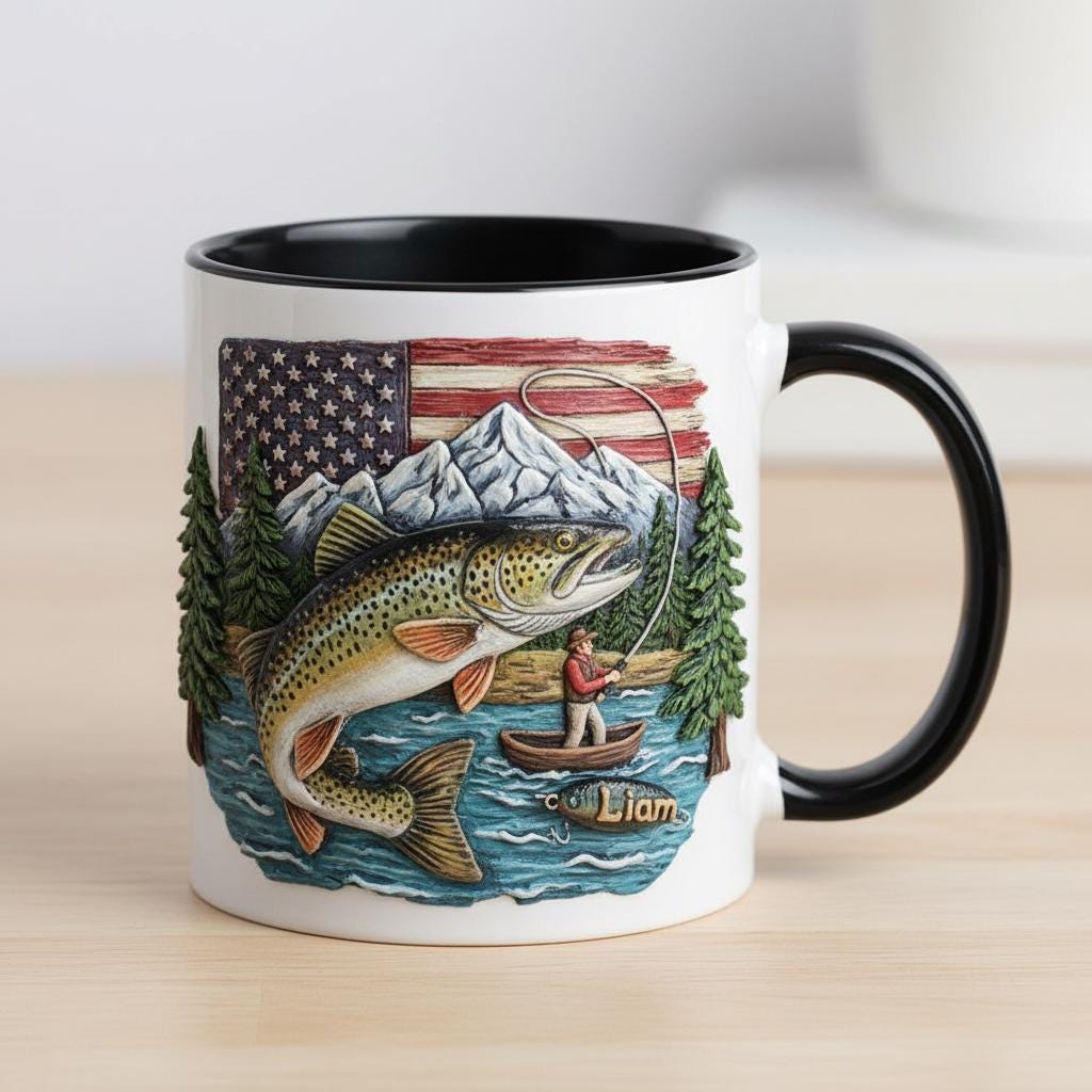 Personalized Fishing Lover Mug, Custom Name Fisherman Coffee Cup, Gift for Men Women