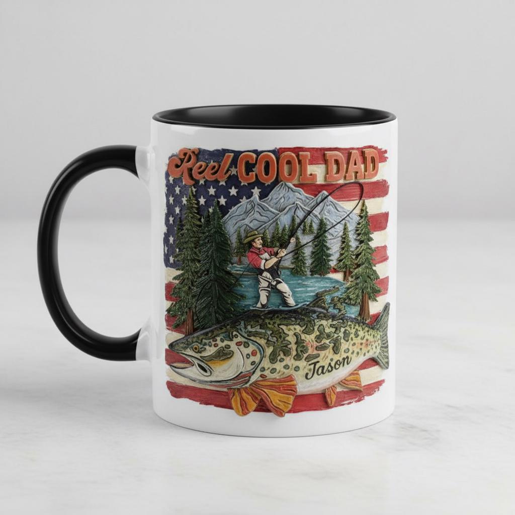 Personalized Fishing Dad Mug, Custom Name Grandpa Coffee Mugs, Reel Cool Dad Cup