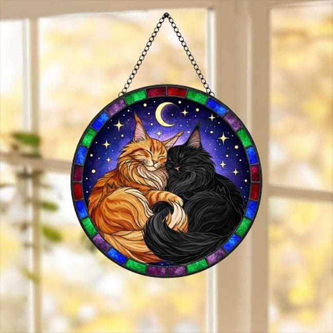 Custom Cat Stained Glass Suncatcher, Maine Coon Cat Couples Window Hanging Glass Ornament,  Gift for Couple, Wife, Husband