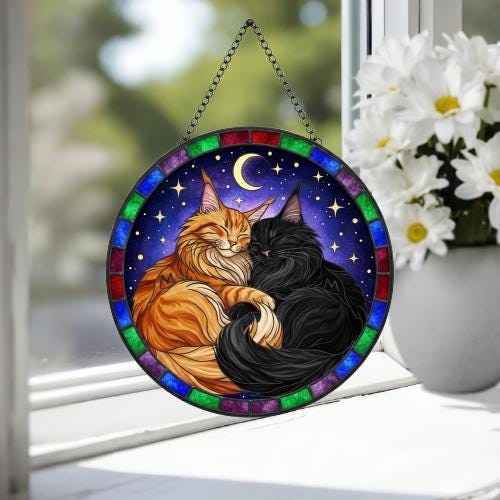 Custom Cat Stained Glass Suncatcher, Maine Coon Cat Couples Window Hanging Glass Ornament,  Gift for Couple, Wife, Husband - image 3
