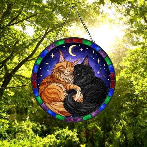 Custom Cat Stained Glass Suncatcher, Maine Coon Cat Couples Window Hanging Glass Ornament,  Gift for Couple, Wife, Husband - image 4