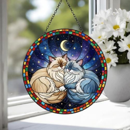 Custom Cat Stained Glass Suncatcher, Ragdoll  Cat Couples Window Hanging Glass Ornament,  Gift for Couple, Wife, Husband - image 4