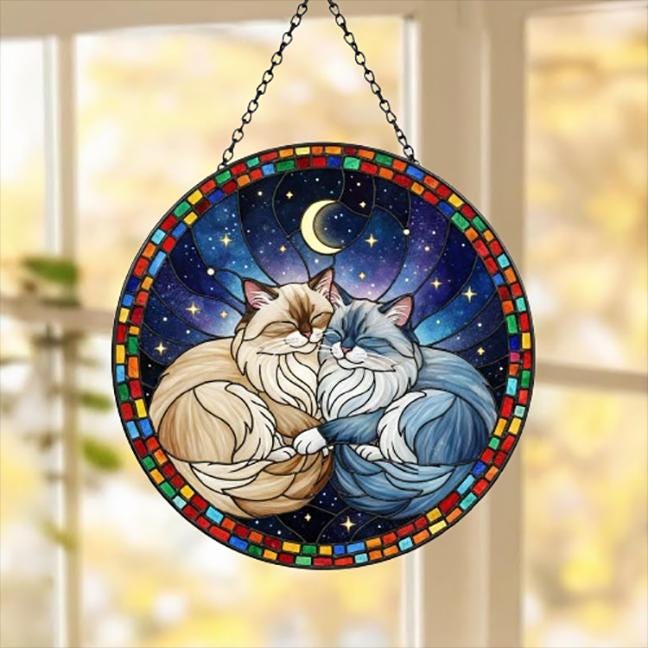 Custom Cat Stained Glass Suncatcher, Ragdoll  Cat Couples Window Hanging Glass Ornament,  Gift for Couple, Wife, Husband