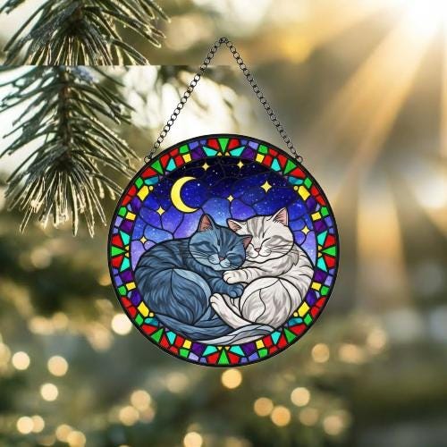 Custom Cat Stained Glass Suncatcher, British Shorthair Cat Couples Window Hanging Glass Ornament,  Gift for Couple, Wife, Husband - image 2