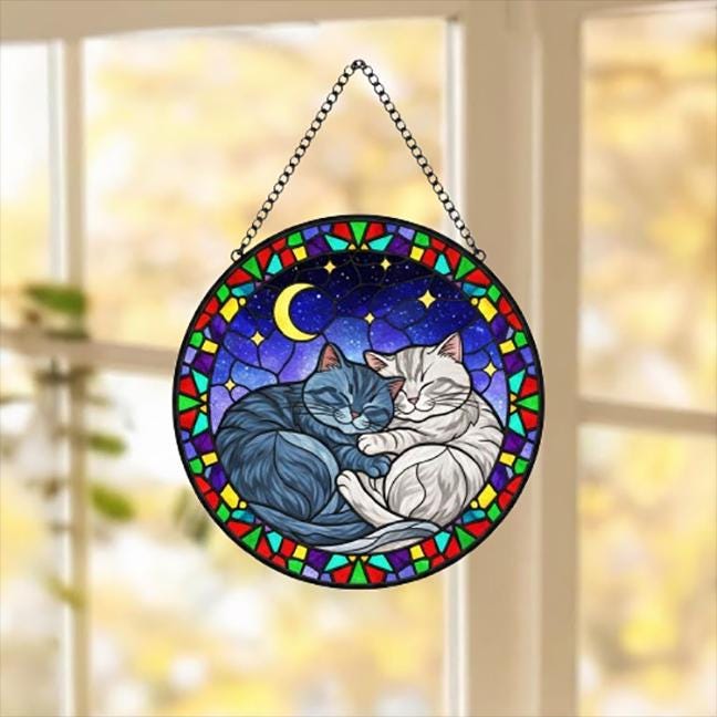 Custom Cat Stained Glass Suncatcher, British Shorthair Cat Couples Window Hanging Glass Ornament,  Gift for Couple, Wife, Husband