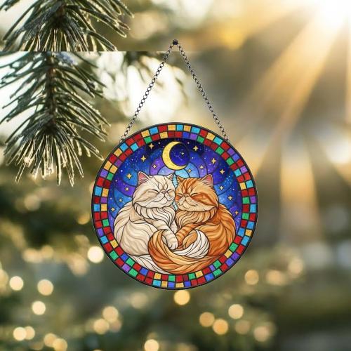 Custom Cat Stained Glass Suncatcher, Persian Cat Couples Window Hanging Glass Ornament,  Gift for Couple, Wife, Husband - image 2