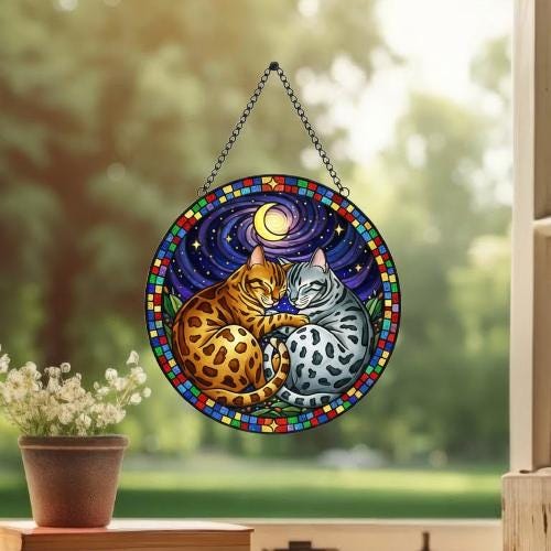 Custom Cat Stained Glass Suncatcher, Bengal Cat Couples Window Hanging Glass Ornament,  Gift for Couple, Wife, Husband - image 3