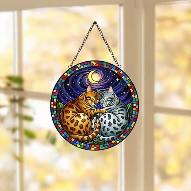 Custom Cat Stained Glass Suncatcher, Bengal Cat Couples Window Hanging Glass Ornament,  Gift for Couple, Wife, Husband