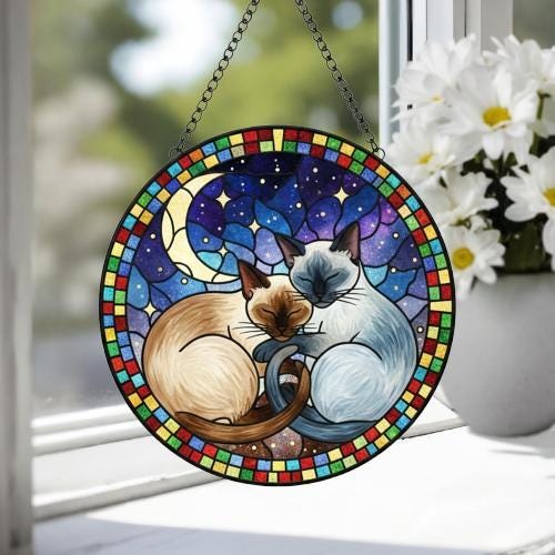 Custom Cat Stained Glass Suncatcher, Siamese  Cat Couples Window Hanging Glass Ornament,  Gift for Couple, Wife, Husband - image 4