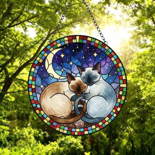 Custom Cat Stained Glass Suncatcher, Siamese  Cat Couples Window Hanging Glass Ornament,  Gift for Couple, Wife, Husband - image 5