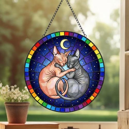 Custom Cat Stained Glass Suncatcher, Sphynx Cat Couples Window Hanging Glass Ornament,  Gift for Couple, Wife, Husband - image 3