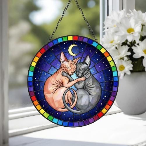 Custom Cat Stained Glass Suncatcher, Sphynx Cat Couples Window Hanging Glass Ornament,  Gift for Couple, Wife, Husband - image 4