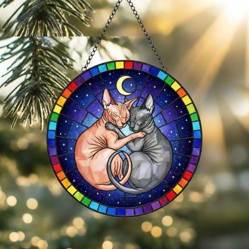 Custom Cat Stained Glass Suncatcher, Sphynx Cat Couples Window Hanging Glass Ornament,  Gift for Couple, Wife, Husband - image 2