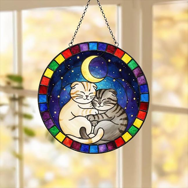 Custom Cat Stained Glass Suncatcher, Scottish Fold Cat Couples Window Hanging Glass Ornament,  Gift for Couple, Wife, Husband