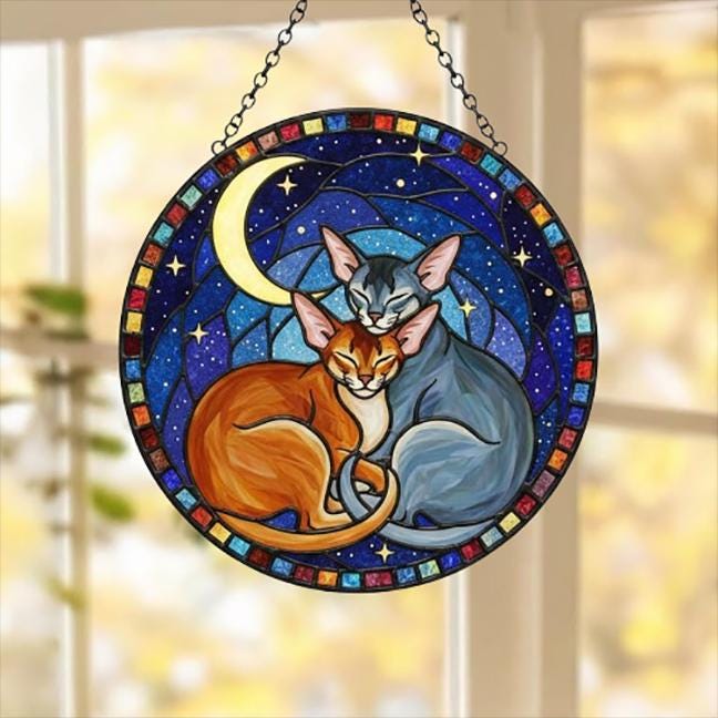 Custom Cat Stained Glass Suncatcher, Abyssinian Cat Couples Window Hanging Glass Ornament,  Gift for Couple, Wife, Husband