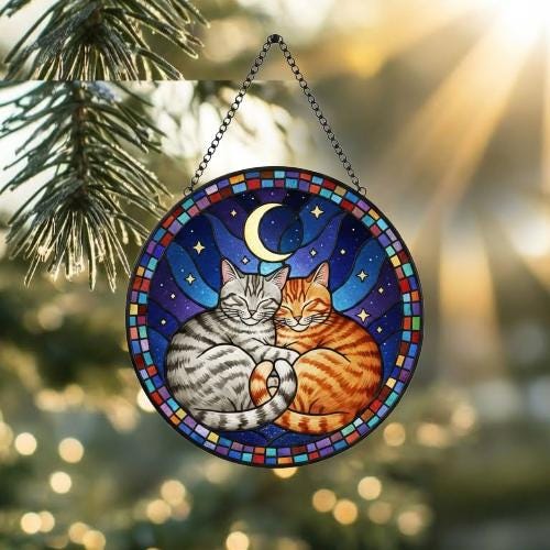 Custom Cat Stained Glass Suncatcher, American Shorthair Cat Couples Window Hanging Glass Ornament,  Gift for Couple, Wife, Husband - image 2