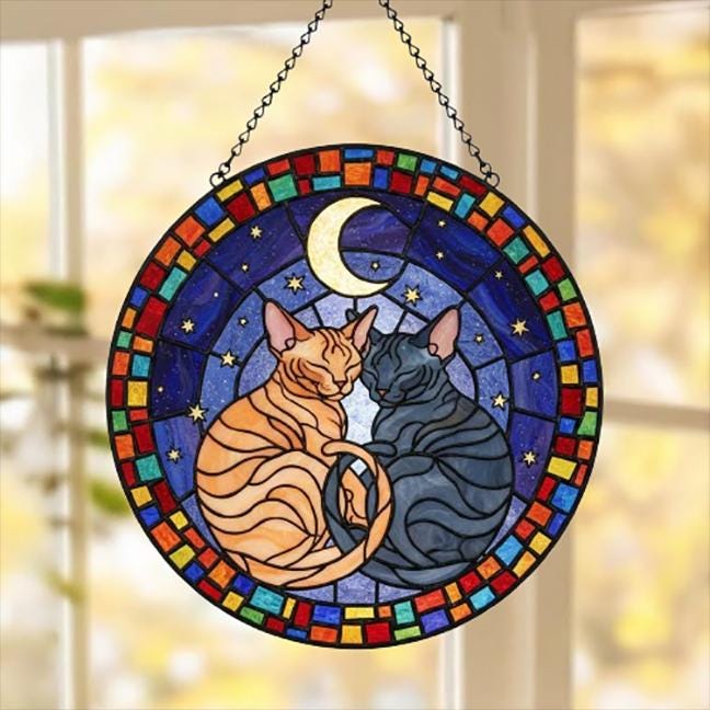 Custom Cat Stained Glass Suncatcher, Devon Rex Cat Couples Window Hanging Glass Ornament,  Gift for Couple, Wife, Husband