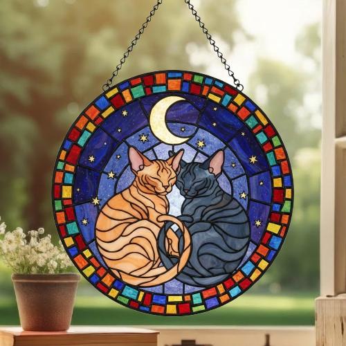 Custom Cat Stained Glass Suncatcher, Devon Rex Cat Couples Window Hanging Glass Ornament,  Gift for Couple, Wife, Husband - image 3
