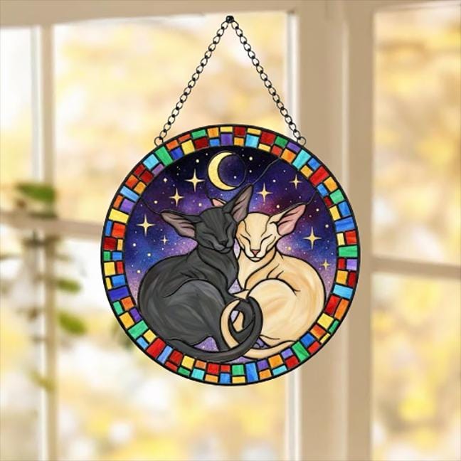 Custom Cat Stained Glass Suncatcher, Oriental Shorthair Cat Couples Window Hanging Glass Ornament,  Gift for Couple, Wife, Husband