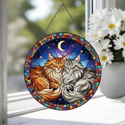 Custom Cat Stained Glass Suncatcher, Norwegian Forest Cat Couples Window Hanging Glass Ornament,  Gift for Couple, Wife, Husband - image 4