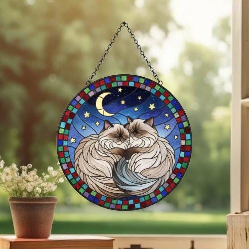 Custom Cat Stained Glass Suncatcher, Himalayan cats Couples Window Hanging Glass Ornament,  Gift for Couple, Wife, Husband - image 3