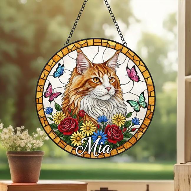 Custom Maine Coon  Cat Portrait Stained Glass Suncatcher, Pet Memorial Stained Glass Suncatcher, Cat Memorial Gift, Cat Loss, Pet Loss Gift
