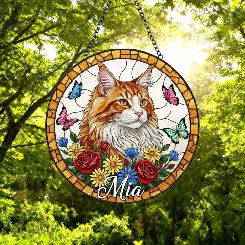 Custom Maine Coon  Cat Portrait Stained Glass Suncatcher, Pet Memorial Stained Glass Suncatcher, Cat Memorial Gift, Cat Loss, Pet Loss Gift - image 4
