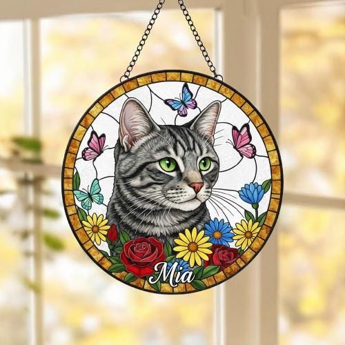 Custom Domestic Shorthair  Portrait Stained Glass Suncatcher, Pet Memorial Stained Glass Suncatcher, Cat Memorial Gift, Cat Loss, Pet Gift - image 5