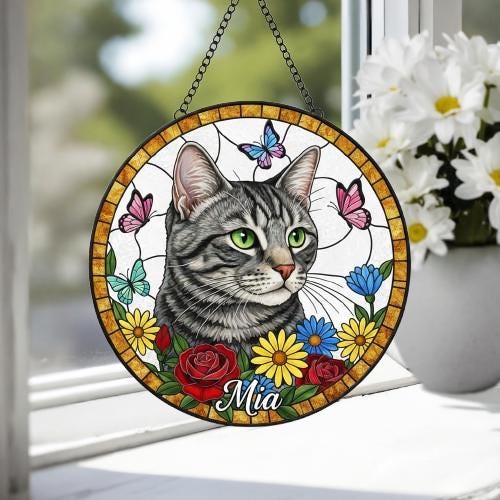 Custom Domestic Shorthair  Portrait Stained Glass Suncatcher, Pet Memorial Stained Glass Suncatcher, Cat Memorial Gift, Cat Loss, Pet Gift - image 3