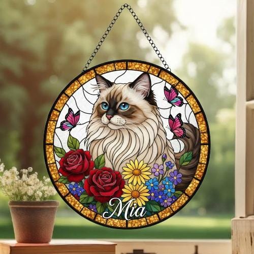 Custom Ragdoll Cat Portrait Stained Glass Suncatcher, Pet Memorial Stained Glass Suncatcher, Cat Memorial Gift, Cat Loss, Pet Loss Gift - image 3