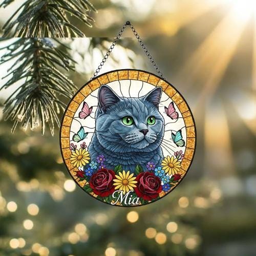 Custom British Shorthair Cat Portrait Stained Glass Suncatcher, Pet Memorial Stained Glass Suncatcher, Cat Memorial Gift, Cat Loss - image 2