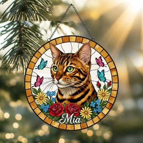 Custom Bengal Cat Portrait Stained Glass Suncatcher, Pet Memorial Stained Glass Suncatcher, Cat Memorial Gift, Cat Loss, Pet Loss Gift - image 2
