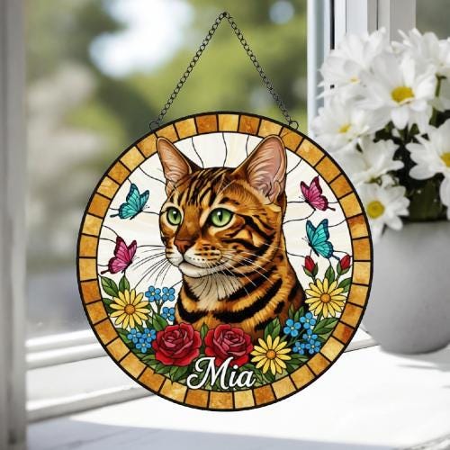 Custom Bengal Cat Portrait Stained Glass Suncatcher, Pet Memorial Stained Glass Suncatcher, Cat Memorial Gift, Cat Loss, Pet Loss Gift - image 4
