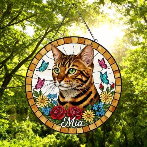 Custom Bengal Cat Portrait Stained Glass Suncatcher, Pet Memorial Stained Glass Suncatcher, Cat Memorial Gift, Cat Loss, Pet Loss Gift - image 5