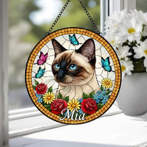 Custom Siamese  Cat Portrait Stained Glass Suncatcher, Pet Memorial Stained Glass Suncatcher, Cat Memorial Gift, Cat Loss, Pet Loss Gift - image 4
