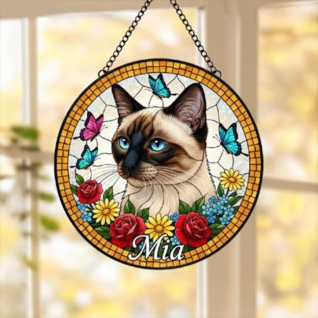 Custom Siamese  Cat Portrait Stained Glass Suncatcher, Pet Memorial Stained Glass Suncatcher, Cat Memorial Gift, Cat Loss, Pet Loss Gift