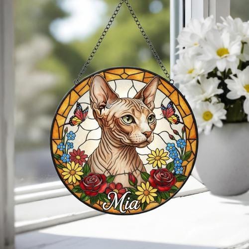 Custom Sphynx Cat Portrait Stained Glass Suncatcher, Pet Memorial Stained Glass Suncatcher, Cat Memorial Gift, Cat Loss, Pet Loss Gift - image 4