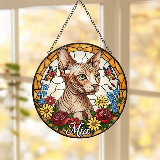Custom Sphynx Cat Portrait Stained Glass Suncatcher, Pet Memorial Stained Glass Suncatcher, Cat Memorial Gift, Cat Loss, Pet Loss Gift