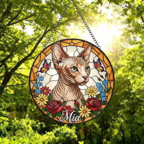 Custom Sphynx Cat Portrait Stained Glass Suncatcher, Pet Memorial Stained Glass Suncatcher, Cat Memorial Gift, Cat Loss, Pet Loss Gift - image 5