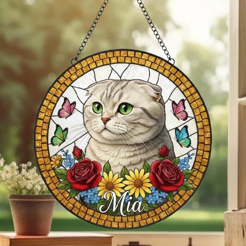 Custom Scottish Fold Cat Portrait Stained Glass Suncatcher, Pet Memorial Stained Glass Suncatcher, Cat Memorial Gift, Cat Loss, Pet Gift - image 3