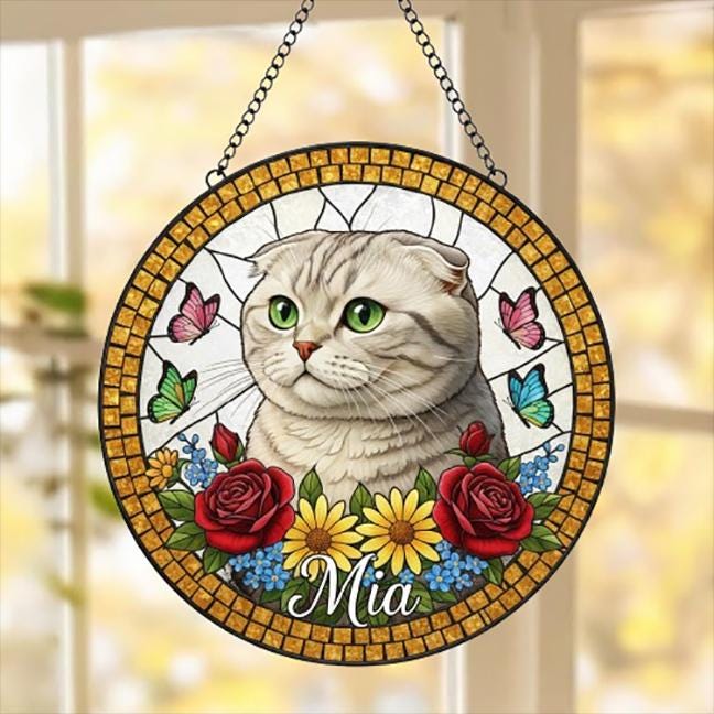 Custom Scottish Fold Cat Portrait Stained Glass Suncatcher, Pet Memorial Stained Glass Suncatcher, Cat Memorial Gift, Cat Loss, Pet Gift