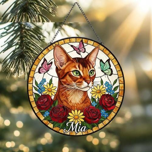 Custom Abyssinian  Cat Portrait Stained Glass Suncatcher, Pet Memorial Stained Glass Suncatcher, Cat Memorial Gift, Cat Loss, Pet Gift - image 2