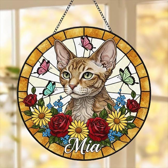 Custom Devon Rex Cat Portrait Stained Glass Suncatcher, Pet Memorial Stained Glass Suncatcher, Cat Memorial Gift, Cat Loss, Pet Loss Gift