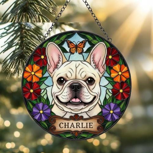 Custom French Bulldog Dog Portrait Stained Glass Suncatcher, Pet Memorial Stained Glass Suncatcher, Dog Loss Keepsake, Pet Loss Gift - image 2