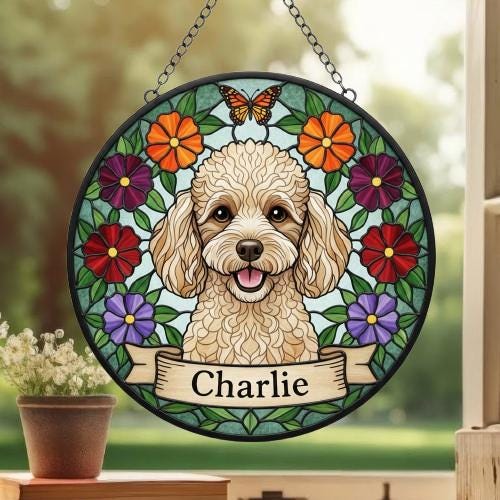 Custom Poodle  Dog Portrait Stained Glass Suncatcher, Pet Memorial Stained Glass Suncatcher, Dog Loss Keepsake, Pet Loss Gift - image 3