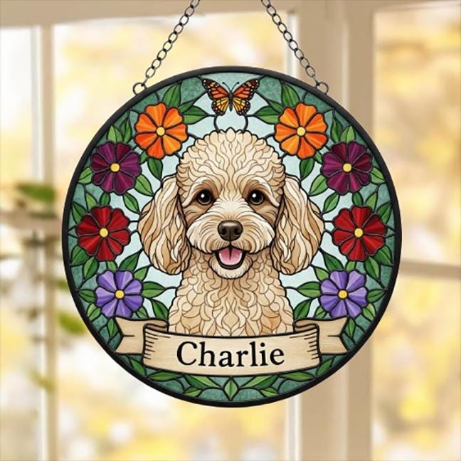 Custom Poodle  Dog Portrait Stained Glass Suncatcher, Pet Memorial Stained Glass Suncatcher, Dog Loss Keepsake, Pet Loss Gift