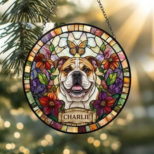 Custom Bulldog Dog Portrait Stained Glass Suncatcher, Pet Memorial Stained Glass Suncatcher, Dog Loss Keepsake, Pet Loss Gift - image 2