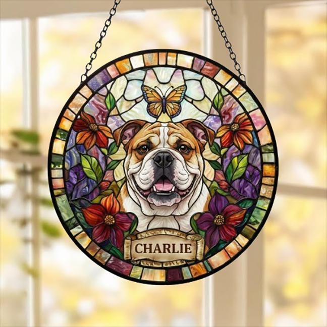 Custom Bulldog Dog Portrait Stained Glass Suncatcher, Pet Memorial Stained Glass Suncatcher, Dog Loss Keepsake, Pet Loss Gift